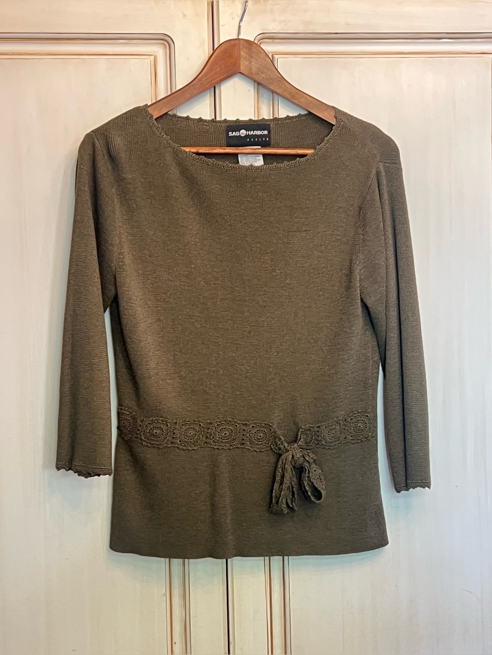 Sag Harbor Petite Sweater Top Small Olive Green Crochet Belt Knit Y2K